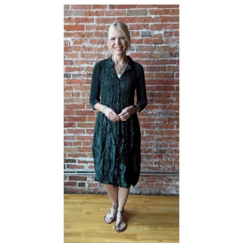 Alquema Metallic Nehru Coat Dress Emerald Green Pleated Midi Lagenlook M $310